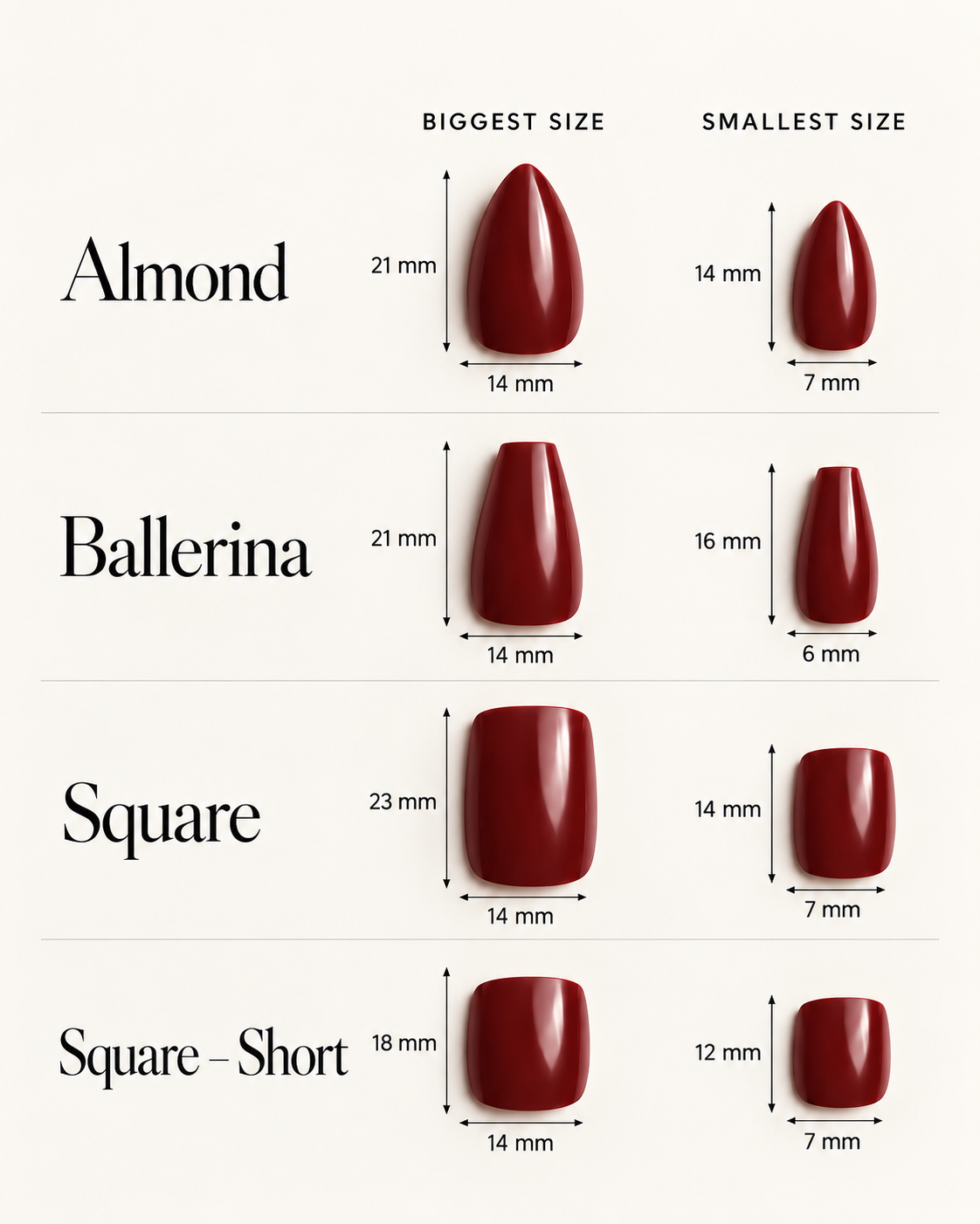 Nailé shape chart showing the Almond, Ballerina and Square profiles with their width and length measurements in millimetres